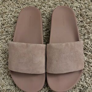 All Saints Tan Suede Slide Sandals